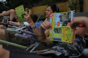 S and the boys read through several dozen flyers to pick the best canoe outfitter for our journey down the Dordogne River.