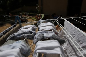Laundry ... with reading boys in the background.